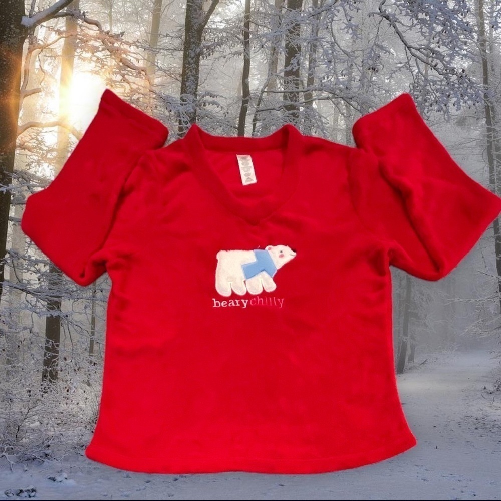 RED Fleece Long Sleeve V-Neck Size L (12-14) “Beary Chilly” Polar Bear Top